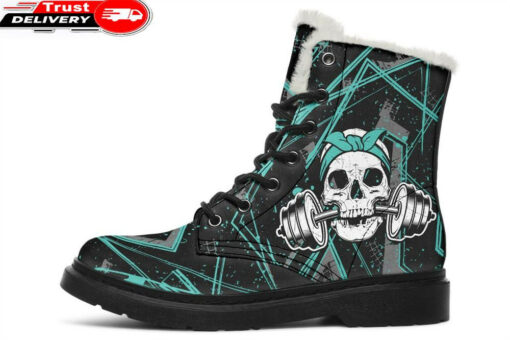 cyan dumbbell skull faux fur leather boots