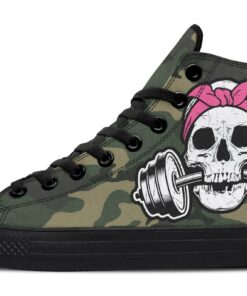 dumbbell skull camo high top canvas shoes