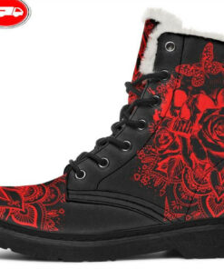 electric red skull mandala faux fur leather boots
