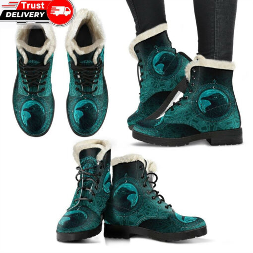 faux fur leather boots ethnic odin raven cyan a31
