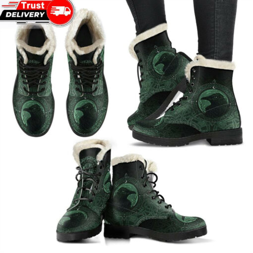 faux fur leather boots ethnic odin raven green a31