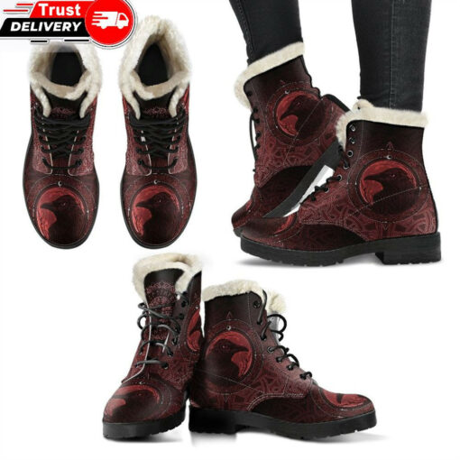 faux fur leather boots ethnic odin raven red a31