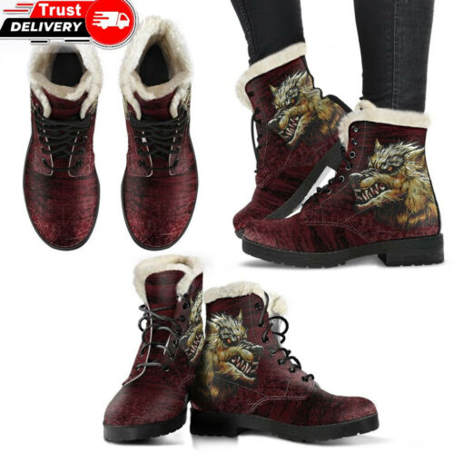 faux fur leather boots fenrir on the blood moon background