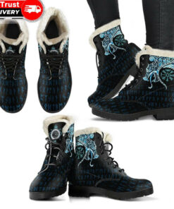 faux fur leather boots fenrir raven and vegvisir tattoo cyan a31