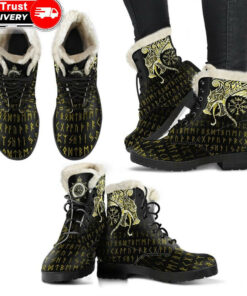 faux fur leather boots fenrir raven and vegvisir tattoo yellow a31