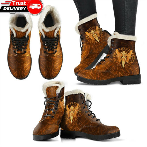 faux fur leather boots gold spear of the god odin gungnir and two gold ravens