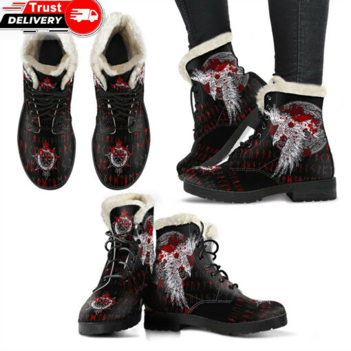 faux fur leather boots mystical raven tattoo blood a31