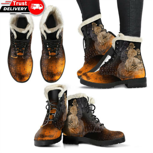faux fur leather boots odin raven viking gold