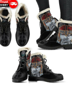faux fur leather boots odin valknut and triple horn a7