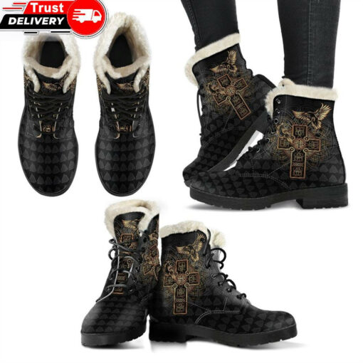 faux fur leather boots odins celtic raven tattoo a31
