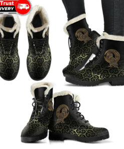 faux fur leather boots owl celtic on triskels background