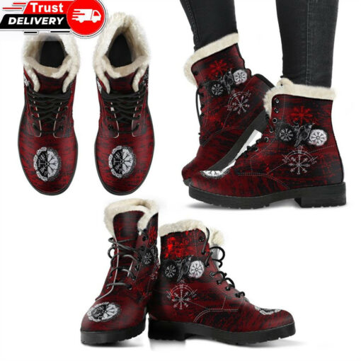 faux fur leather boots raven of odin and symbol viking on blood background