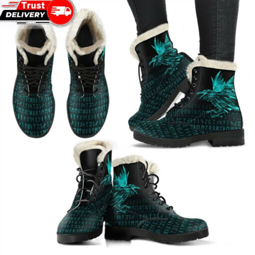 faux fur leather boots the raven of odin rune cyan
