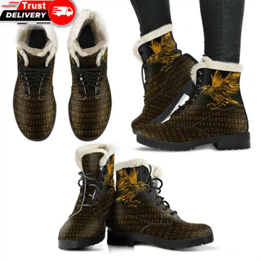 faux fur leather boots the raven of odin rune gold