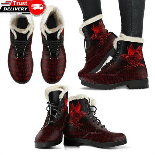 faux fur leather boots the raven of odin rune red