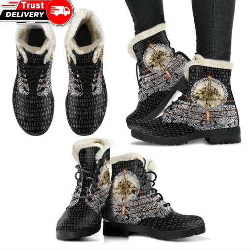 faux fur leather boots wolf and vikings tattoo 3d a27