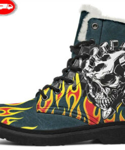 fire engine skull faux fur leather boots