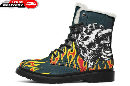 fire engine skull faux fur leather boots