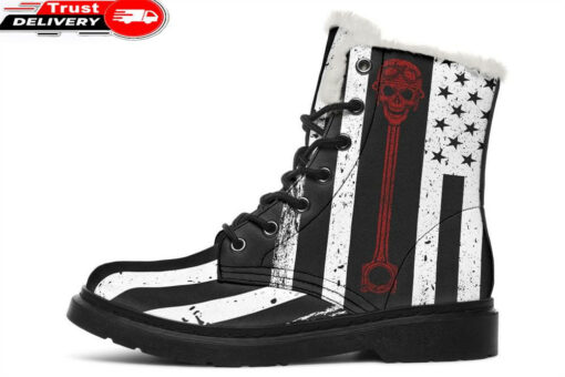 flag skull piston faux fur leather boots