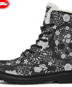 flower skull pattern faux fur leather boots 1