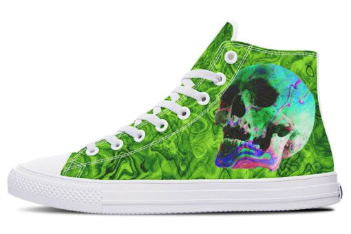 funky green background skull high top canvas shoes