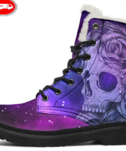 galaxy skull and rose faux fur leather boots