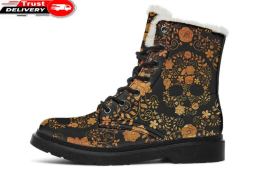 gold flower skull pattern faux fur leather boots