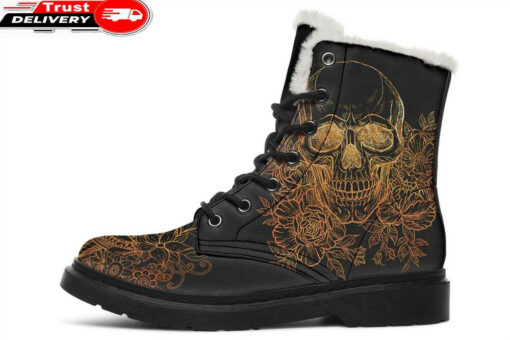 gold skull and flowers faux fur leather boots