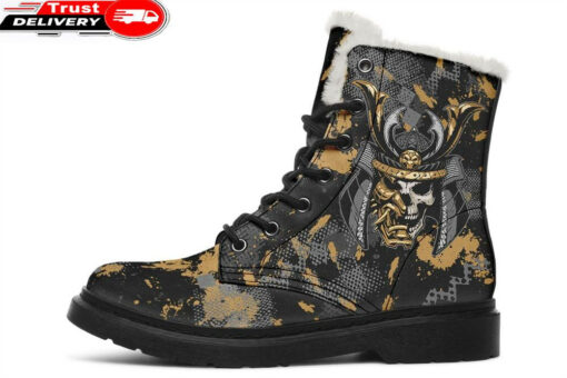 golden samurai skull faux fur leather boots
