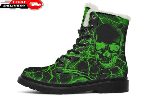 green lightning skull faux fur leather boots