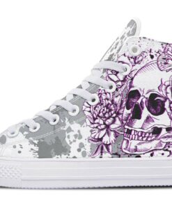 grey and purple skull and flowers high top canvas shoes