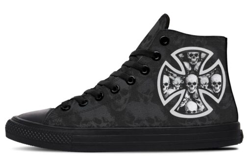 grey maltese cross and skull high top canvas shoes