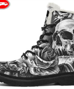 grey scary skull faux fur leather boots