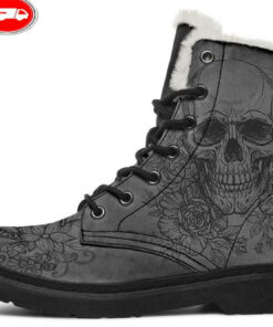 grey skull and flowers faux fur leather boots