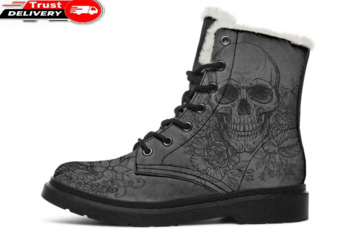grey skull and flowers faux fur leather boots