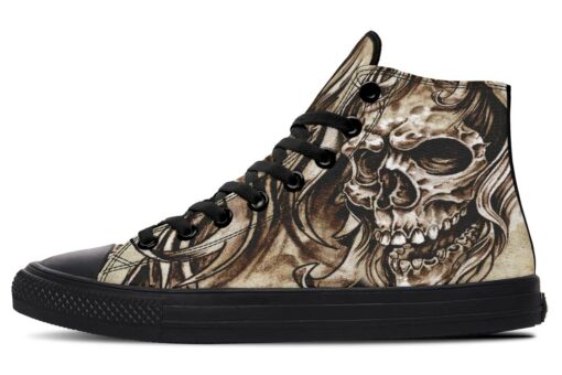 grey skull drawing high top canvas shoes