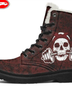 grunge red dumbbell skull faux fur leather boots