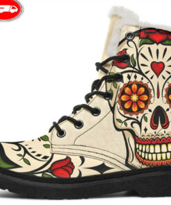 happy rose sugar skull faux fur leather boots