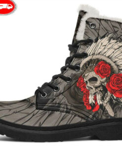 indian skull chief and roses faux fur leather boots