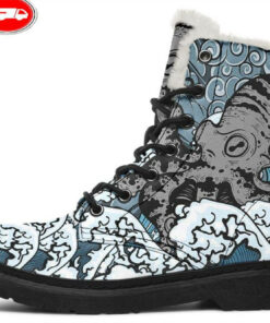 japanese octopus in the ocean faux fur leather boots
