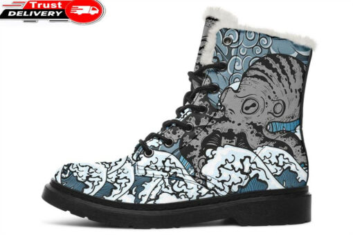 japanese octopus in the ocean faux fur leather boots