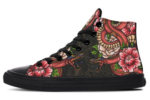 japanese snake and pink flowers high top canvas shoes