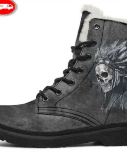 native skull and raven faux fur leather boots