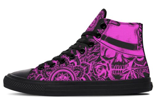 neon pink skull with hat high top canvas shoes