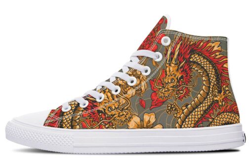 orange and red japanese dragon high top canvas shoes