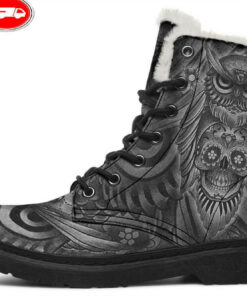 owl and candy skull faux fur leather boots