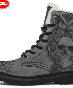 owl and skull faux fur leather boots