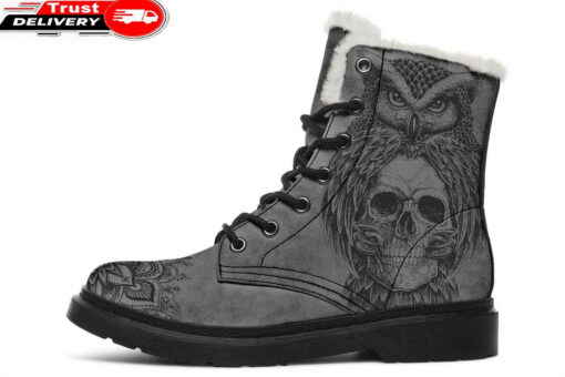 owl and skull faux fur leather boots