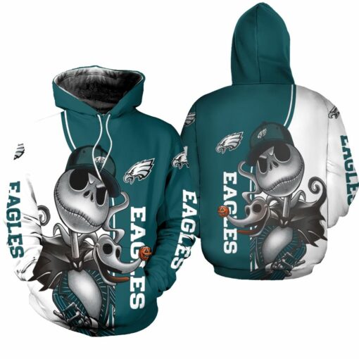 philadelphia eagles jack skellington and zero 3d hoodie