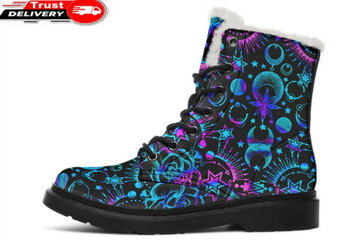 pink and blue alchemy artwork faux fur leather boots